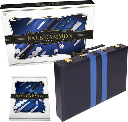Premium Backgammon 15 Inches Medium Blue - Backgammon Sets for Adults and Kids - Leatherette Back Gammon Board Game Set - Travel Backgammon Set Board Encased with Accessories