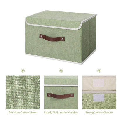 ANMINY 4PCS Storage Bins with Lid PU Leather Handles Storage Boxes PP Plastic Board Decorative Foldable Lidded Cotton Linen Fabric Home Cubes Baskets Closet Organizer Containers - Green, Large Size