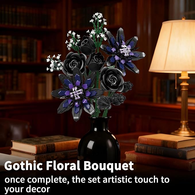 Flower Bouquet Building Set 12 Gothic Black Rose and Lotus Botanical Collection Building Block Toy Compatible with Lego Flowers for Adults Women Home Decor Gift for Valentine Mother's Day