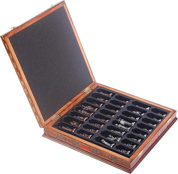 Egypt Pharaoh Antique Copper Figures Metal Chess Set for Adults Handmade Pieces and Natural Solid Wooden Chess Board with Pearl Design Around Board and Storage Inside King 3.4inc