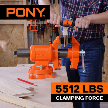PONY Heavy Duty Bench Vise, 5-inch Jaw Width and Opening, 360-Degree Swivel Base With Anvil, Utility Combination Pipe Home Vise for Woodworking, One-Pair Vise Jaw Pad Included