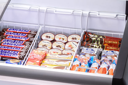 Duura Commercial Mobile Ice Cream Display Chest Freezer Sub Zero Temp Curved Glass Top Frost Free Lid with 5 Wire Baskets, 47.4 Inch Wide 12.8 Cubic Feet, White