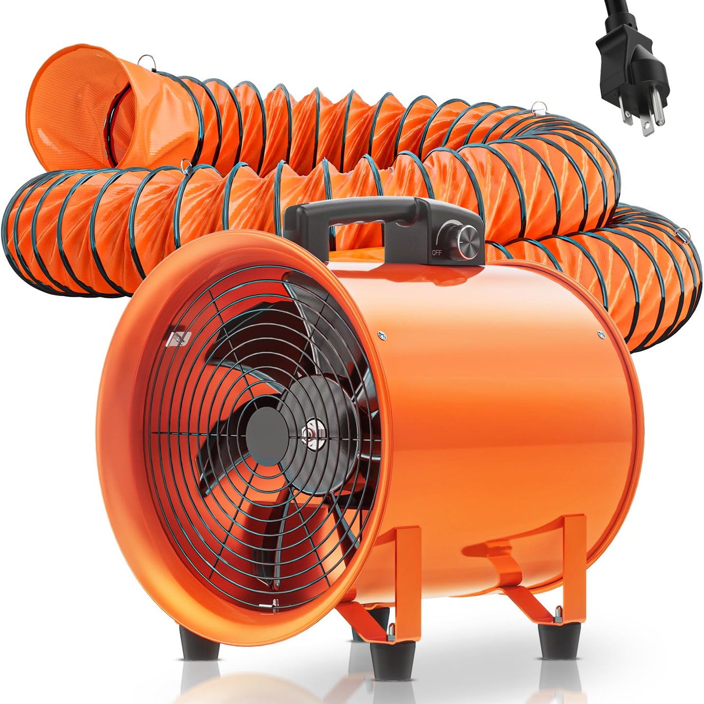 12 Inch Utility Blower Fan, 550W Portable Industrial Cylinder Axial Fan with 33Ft Duct Hose, 3243 RPM High-Velocity Air Extractor Fan Exhaust/Ventilation for Basement Workshop Warehouse Paint Booth