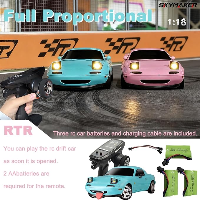 Skymaker 1/18 RC Drift Car with 3 Batteries Mazda MX-5 Miata 2.4GHz LDRC 1804 RWD Drifting Adults with ESP Gyro Pop-up Light (Blue)