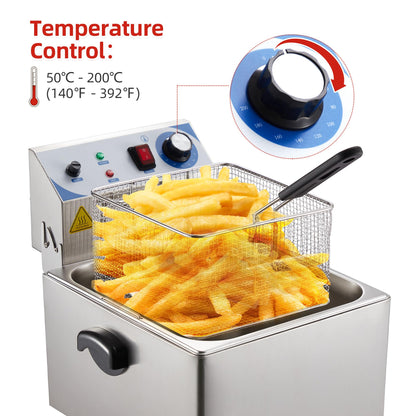 PULLAFUN Commercial Deep Fryer Countertop Stainless Steel 11L Electric Deep Fryer with Temperature Control Single Large Tank French Fries Restaurant Home Kitchen