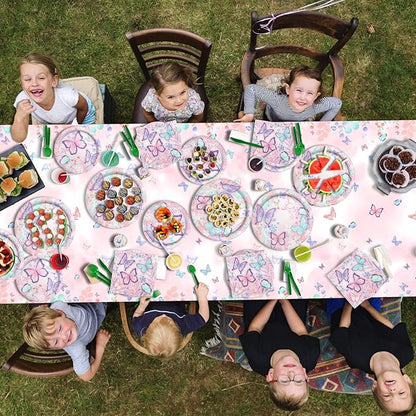 Butterfly Birthday Party Supplies Disposable Paper Plates Napkins Cups Tablecloth and Banner for Butterfly Girl Party Birthday Decorations Serve 25