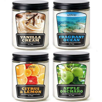 AOOVOO 4 Pack Odor Eliminating Candle - Up to 200 Hours Burn time, Eliminates 95% of Pet, Smoke, Food, and Other Smells Quickly, 36 oz Non Toxic Highly Fragranced Air Freshing Soy Candle