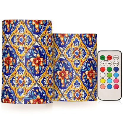 Flameless Candles Battery Operated Vintage Mexican Talavera Ceramic Tiles Flickering Led Pillar Candles With Remote Control Ethnic Flowers Pottery Colour Changing Warm Light Candles For Wedding Hall