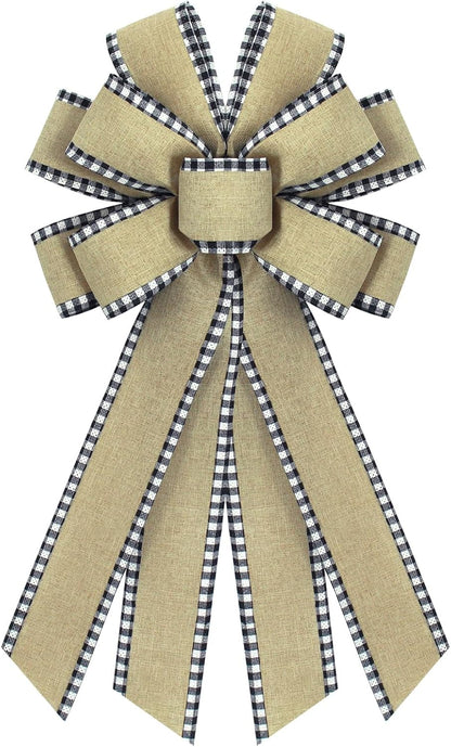 Regine Switzerland Natural Burlap Wreath Bow - Buffalo Plaid Edge for Wedding & Home Decor