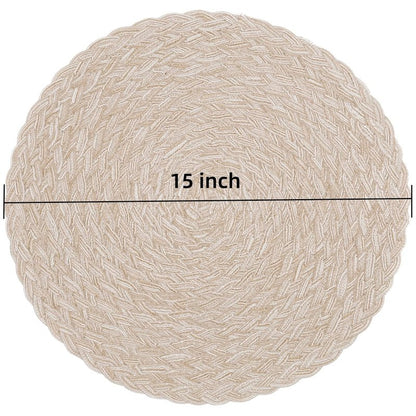 SHACOS Round Braided Placemats 15 inch Set of 6 Thick Boho Kitchen Table Placemats for Home Wedding Party (T-Beige, 6)