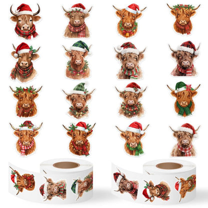 BkeeCten Christmas Highland Cow Sticker - 600 Pcs Christmas Highland Cow Waterproof Vinyl Reusable Laptop Sticker Coloring Book Scrapbook Water Bottle Page Activity Pad Party Favor Skateboard Giftwrap