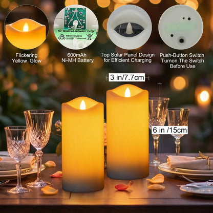 Large Solar Candle Lights Outdoor,Flameless Pillar IP65 Waterproof White Fake Candle,Dusk to Dawn,Solar Powered LED Candles for Patio Yard Deck Window Decor,Mothers Day Gifts,3"x6",Set of 2