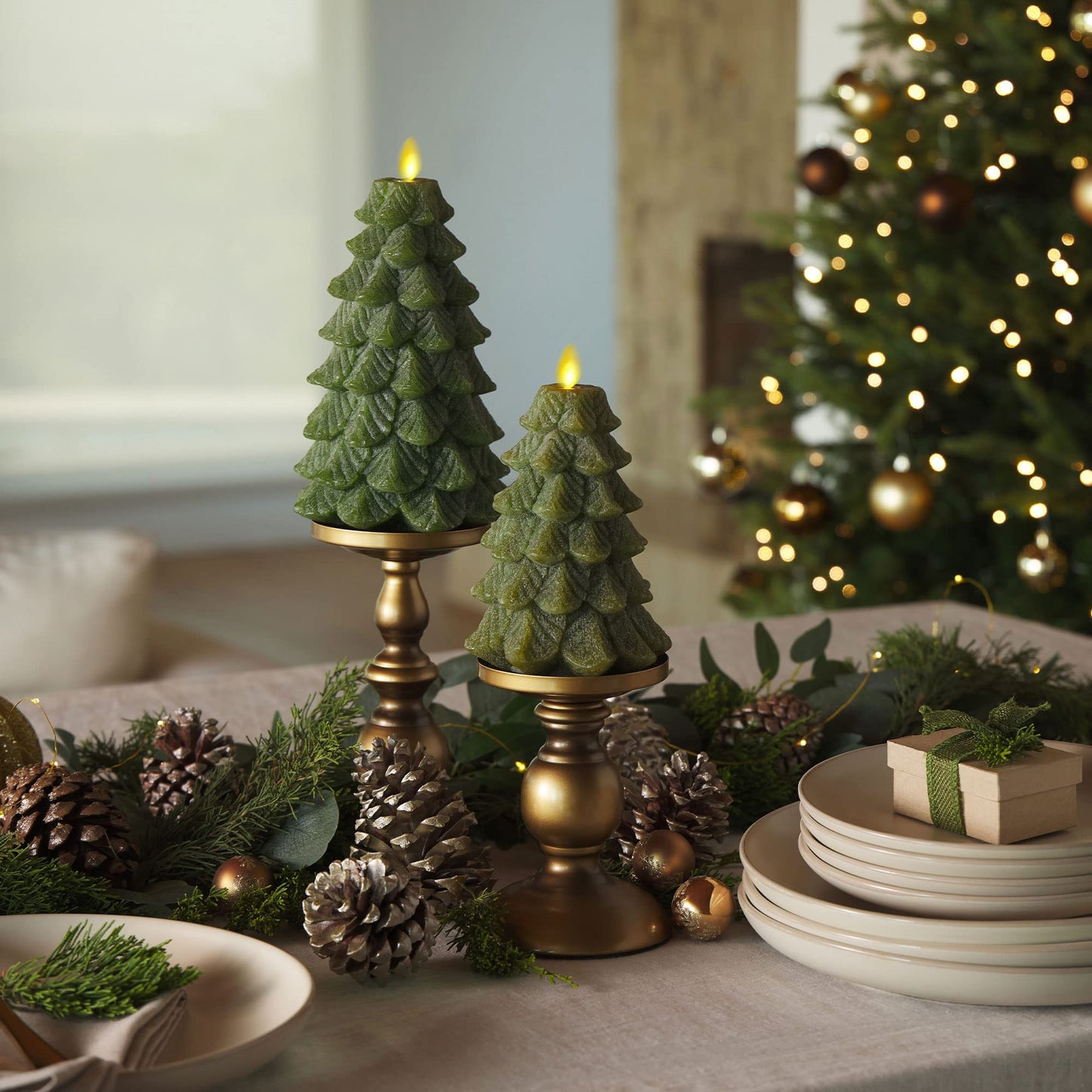 Luminara Flameless LED Candle - Christmas Tree Design with Glitter, Snow Finish, Battery-Operated, Flickering Flame, Timer & Remote - 4.7 x 6.5 - Green