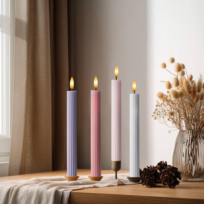 WYZworks Coordinated Dusty Mauve Pinkish Lilac 4 Pack, 10" Real Wax LED Flameless Fluted Ribbed Grooved Taper Candles, Remote & Timer Memory, On/Off Button, Dimmable, Battery Operated, Menorah Wedding