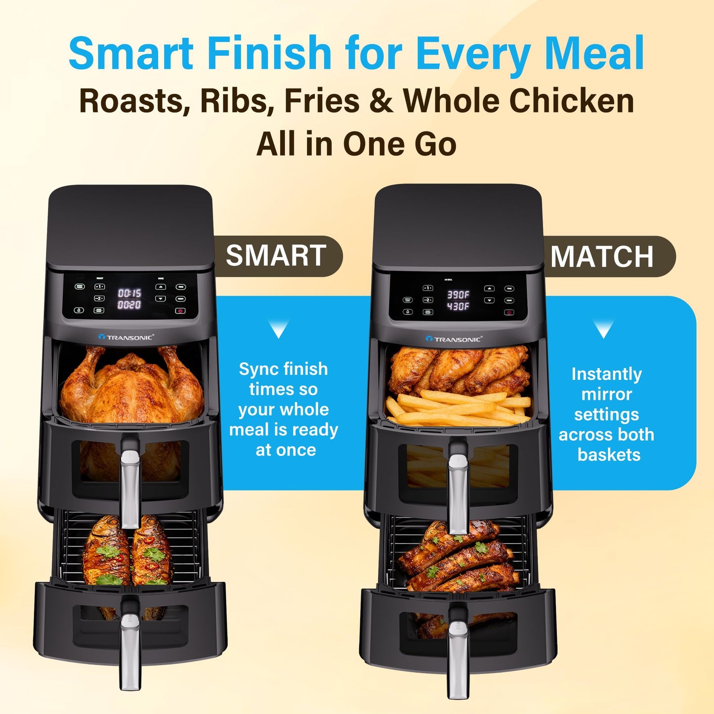 11QT Air Fryer Dual Large Basket Design (Deep Top & Long Bottom) for Whole Chicken & Ribs,430°F High-Heat Broil, 360° Rapid Circulation, 6 in 1 Preset Function, Family Meals, PFAS Free Nonstick