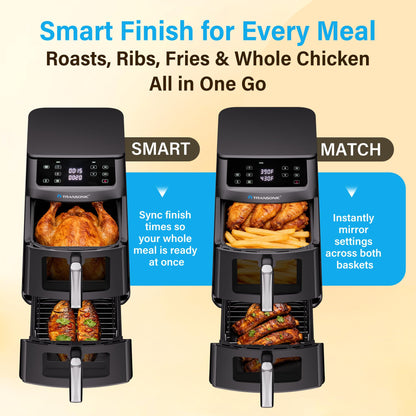 11QT Air Fryer Dual Large Basket Design (Deep Top & Long Bottom) for Whole Chicken & Ribs,430°F High-Heat Broil, 360° Rapid Circulation, 6 in 1 Preset Function, Family Meals, PFAS Free Nonstick