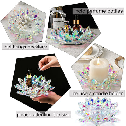 Large Crystal Lotus 7'' Width Candle Holder Tealight Pillar Candle Plate Candlestick, Glass Votive Candle Holder for Christmas Wedding Dinner Table Decor