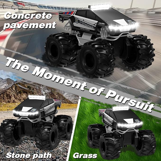 Police Remote Control Car 1:18 Cyber Truck Remote Control Car 2.4 GHz Waterproof Amphibious RC Cars 4WD All Terrain Off-Road Pickup 360° Rotatable Monster Truck Toys for Boys RC Cars Ages 6+