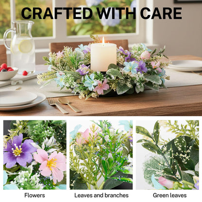 MOYEE Summer Candle Holder Centerpieces for Tables,Candle Ring, Black Metal Candlestick with an Artificial Wreath 14 in Versatile Dining Table Centrepiece (Blue and Purple Flower Wreath)