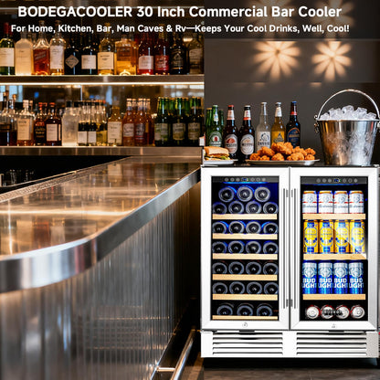 BODEGACOOLER Wine and Beverage Refrigerator,30 Inch Under Counter Commercial Beverage Refrigerator, Large Capacity Back Bar Cooler With 2 Glass Doors,LED Lighting Display Beer Wine Soda Drinks.