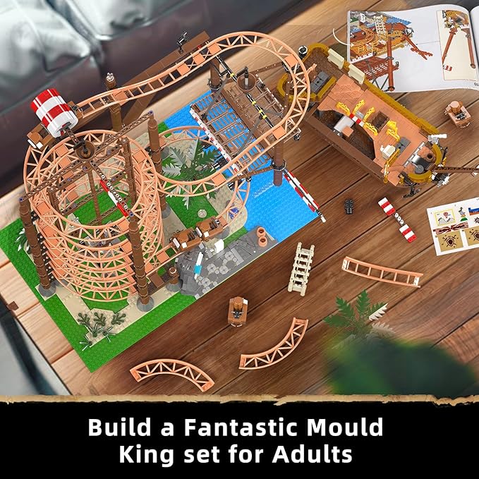 Mould King 11013 Roller Coaster Amusement Park Building Set Fairground Theme Park Kit with Rollercoaster &amp Pirate Ship Ideal Gift Model Building Kit for Adults (2174 Pieces)