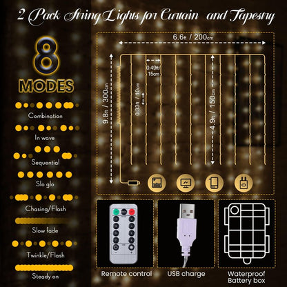Tuanse 2 Pack 195 LED Curtain Tapestry Lights Backdrop String Lights, 6.5 x 5 Feet Hanging Fairy Curtain Light with 8 Lighting Modes and Remote for Bedroom Window Wall Indoor Outdoor Graduation Decor