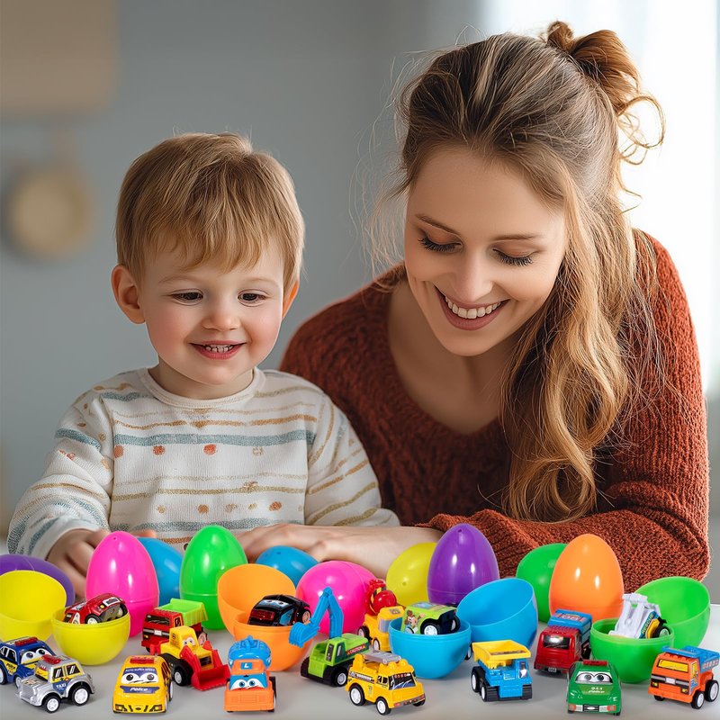 SUGFUT 24 PCS Prefilled Easter Eggs with Toys Pull Back Cars Easter Basket Stuffers for Toddler Gifts for Kids - Easter Party Favors