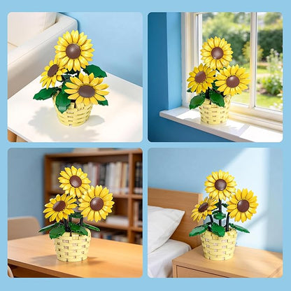 Xbert Sunflower Building Set Botanicals Potted Plant Artificial Flowers Fake Indoor Flowers for Home Office Bedroom Desk Decor - Gifts for for Women Adults