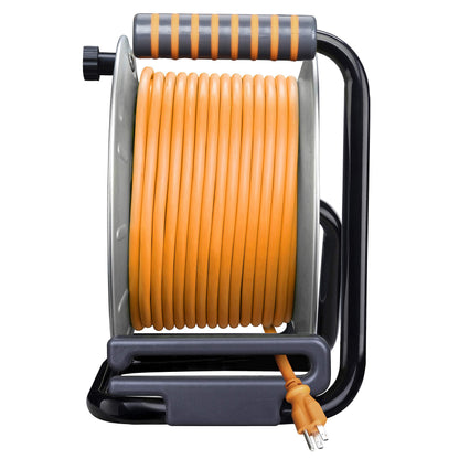 Masterplug Metal Steel Drum with Four Powered Outlets, Open Cord Reel Extension Cord with Winding Handle, Overload Circuit Breaker and Power Switch, 75 Feet 12AWG, High Visibility Cord