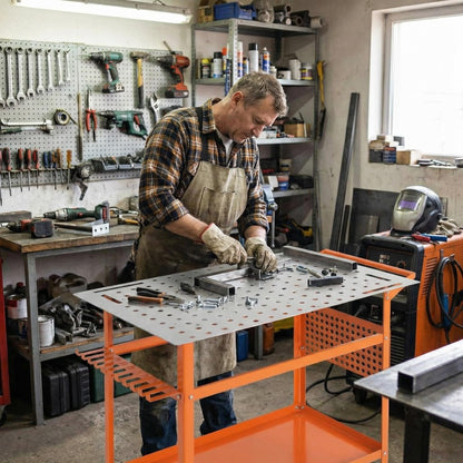 Welding Table, 36" x 24" Welding Workbench with 800LBS Steel Frame, Portable Welding Bench with 2 Brake Wheels & 4 Adjustable Feet, Side Hanging Board, 178 5/8" Fixture Holes for Garage Workshop