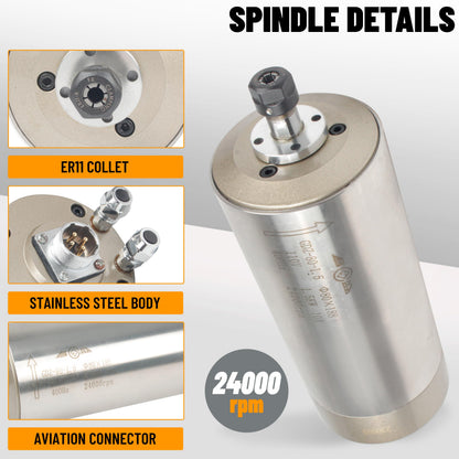 RATTMMOTOR 1.5KW Water Cooled Spindle Kit 80mm Spindle Motor 1500W 110V 400HZ+1.5KW VFD 110V Single to 3 Phase Inverter Variable Frequency Drive+80mm Spindle Mount+ER11 Collet+80W Water Pump for CNC