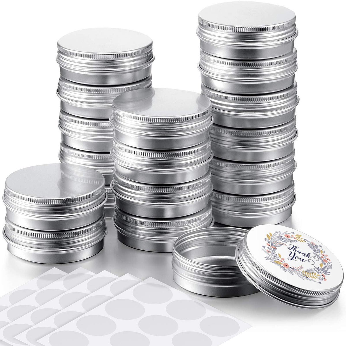 Patelai 2 oz Silver Metal Round Tins Aluminum Tin Cans Salve Tins Containers with Screw Lid 10 Sheets Stickers for Salve Spice Candies Balms Candles, 36 Pack (Classic Style)