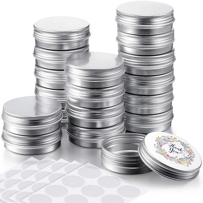 Patelai 2 oz Silver Metal Round Tins Aluminum Tin Cans Salve Tins Containers with Screw Lid 10 Sheets Stickers for Salve Spice Candies Balms Candles, 36 Pack (Classic Style)
