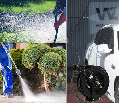 Retractable Hose Reel, Double Arm 3/8 in x 50 ft Heavy Duty Steel Professional Power Wash Hose Reel for Oil/Air/Water 4000 PSI with 5 ft Lead [Pressure cleaning hose not included ]