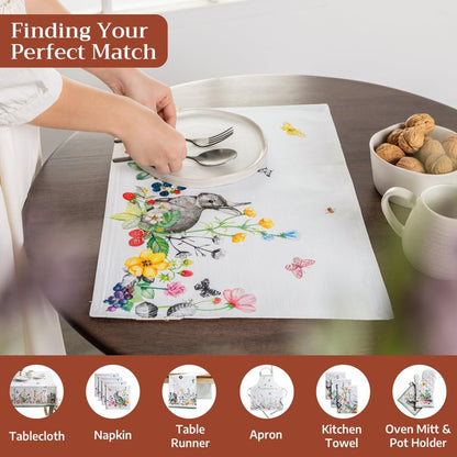 Maison d' Hermine Placemats Set of 4 100% Cotton Washable Cloth Place Mats Reusable Table Mats for Kitchen Dining Party Wedding Gifts for Mothers Day Spring/Summer (Printemps, 13" x 19")