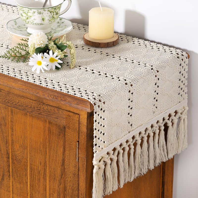 Socomi Boho Table Runner Summer Farmhouse Rustic Dining Kitchen Centerpiece Decor Small Macrame Woven Cotton Linen Coffee Table Runner for Dresser Scarf Home Decor 12x60 inch Beige