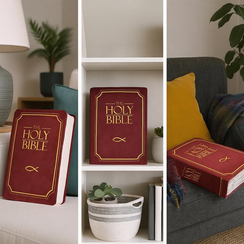 HBQTYXGS Bible Pillow，The Holy Bible Pillow Plush - Book Shape，That Opens Christian Holy Bible Stuff Religious Party Favors Gifts，for Kids Adults Christian Gifts (Purple)