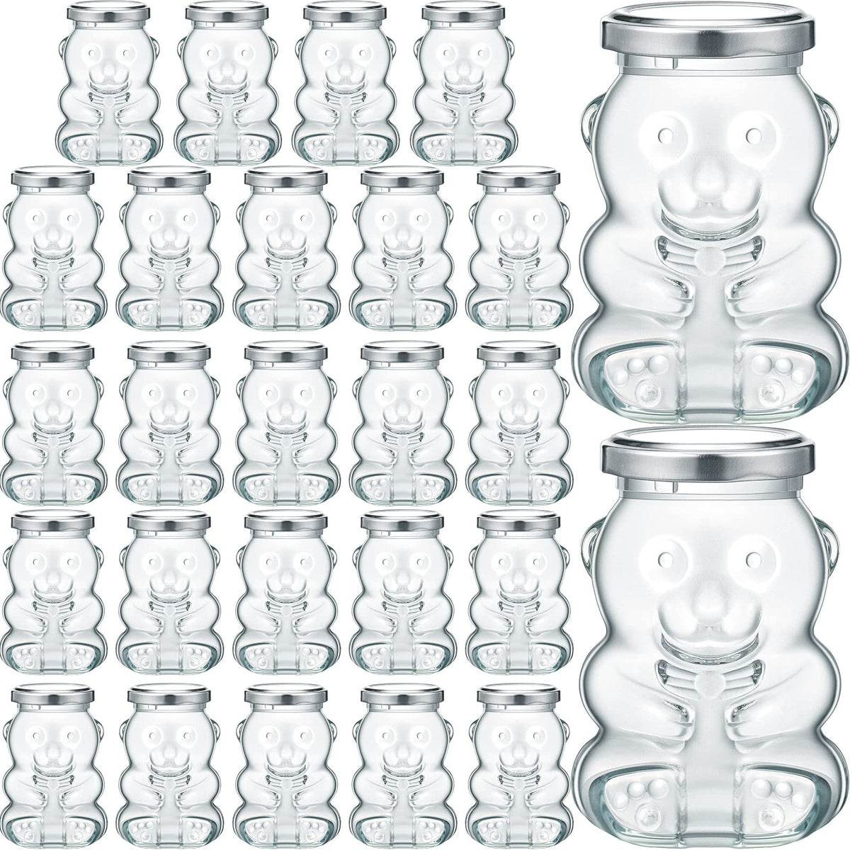 Patelai 24 Pack 4 oz Glass Bear Shaped Honey Jars with Lids Reusable Small Tilted Bear Glass Bottles Containers Dispenser for Candies, Birthday Wedding Party Favors(Classic, Silver)
