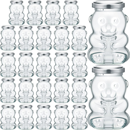 Patelai 24 Pack 4 oz Glass Bear Shaped Honey Jars with Lids Reusable Small Tilted Bear Glass Bottles Containers Dispenser for Candies, Birthday Wedding Party Favors(Classic, Silver)