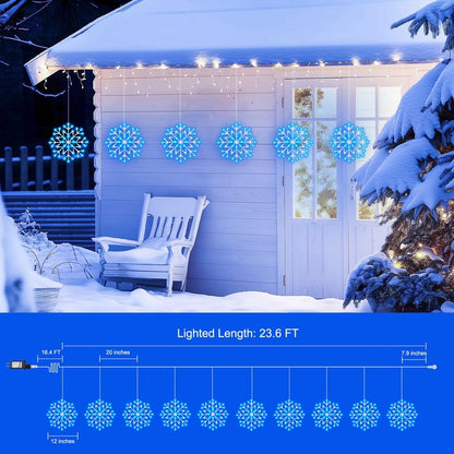 Brightown Christmas Snowflake Icicle Lights Outdoor - Plug-in 23.6ft 10 Drops 480LED Snowflake Window Lights for Indoor Outdoor Porch Eaves Rooftops Canopy Christmas Decoration, Blue and White