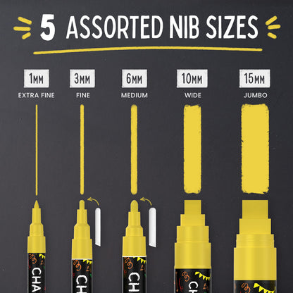 5 Gold Chalkboard Chalk Markers - Gold Dry Erase Markers for Blackboard, Chalkboard Signs, Windows, Glass | Variety Pack - Fine & Jumbo Size Ink Pen (1mm, 3mm, 6mm, 10mm, 15mm)