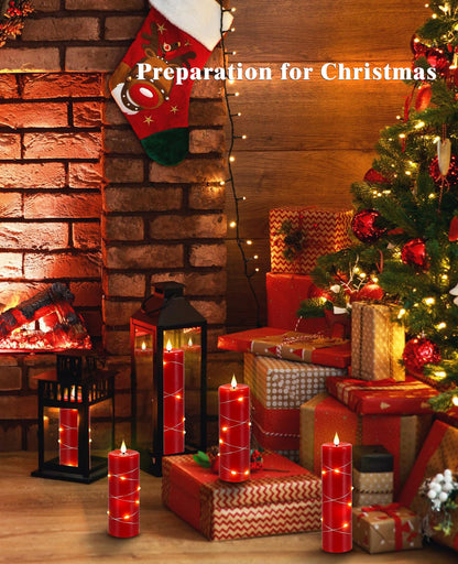Upinmz Red Flameless Candle with Remote Control and Timer,Flickering Battery Operated Candles with String Lights,LED Pillar Candles,Set of 5