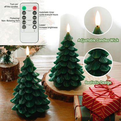 JOIONE Christmas Tree Flameless Candles with Remote Timer, Battery Operated Flickering Candles, LED Real Wax Candles for New Year Celebration, Christmas Decor, Set of 2, Green (3.15" X 7.48")