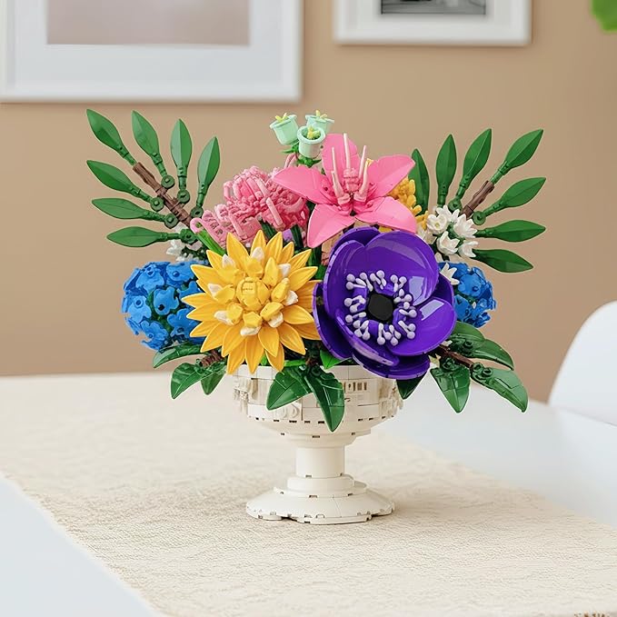 Botanicals Flower Bouquet Building Block Sets Includes Hydrangea Dahlia Azalea Artificial Flowers Arrangement With Vase Valentine's Day Gift For Her Women Girls Floral Table Centerpiece