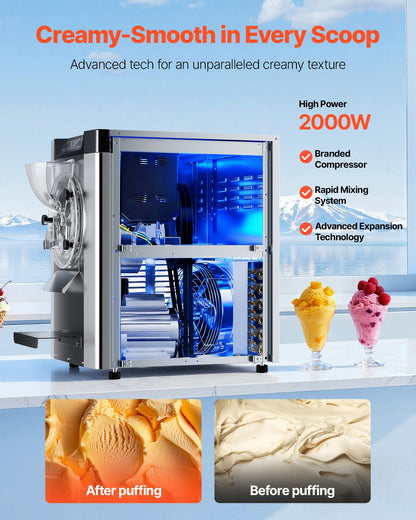 VEVOR Commercial Hard Ice Cream Machine, 2000W 3.17-5.28 Gal/Hour, Countertop Gelato Hard Serve Ice Cream Maker with 6L 304 Stainless Steel Cylinder, Auto Clean LED Panel for Snack Bar Restaurants
