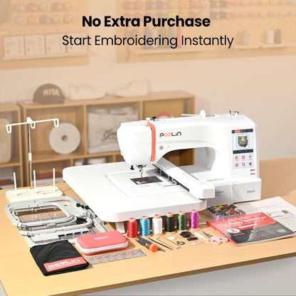 Poolin EOC07 Computerized Embroidery Machine, 15"x 7.9" Large Embroidery Area,7" Touchscreen Institch OS3, Embroidery Starter Supplies Included,Wi-Fi &USB Design Transfer Digital Software for Projects