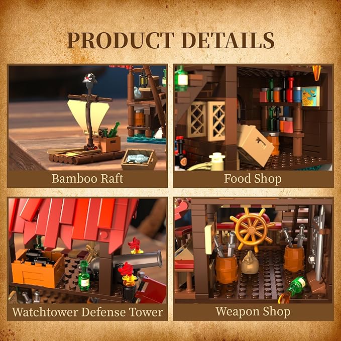 Viking Medieval Pirate's Bay Market Ship Wharf Building Set House Building Block Toy Medieval Architecture Bricks KitGift for Women or Adult 856pcs