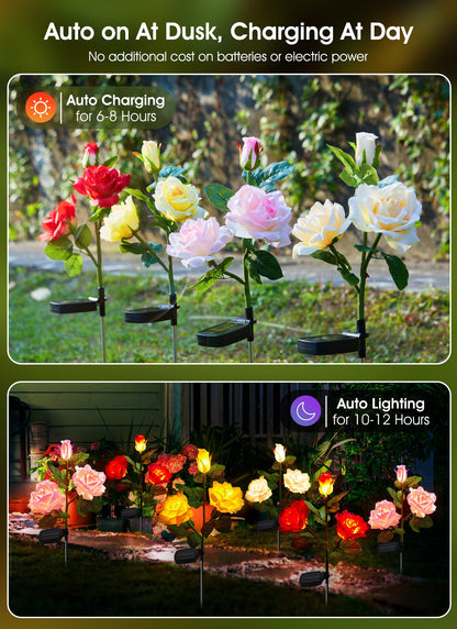 Garden 4 Pack LED Solar Flower Lights with Larger & More Realistic Rose Flowers, Bigger Solar Panel, Waterproof Solar Outdoor Lights for Yard Patio Lawn Pathway Walkway Decoration