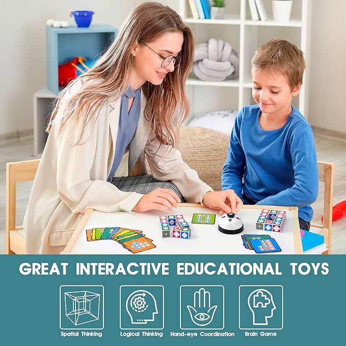 Funtactics Wooden Matching Game Puzzle 3.0 Games Pattern Block Match Puzzles Building Cubes with Bell for Kids and Adults Toys Board Games for Family Night 5 Players