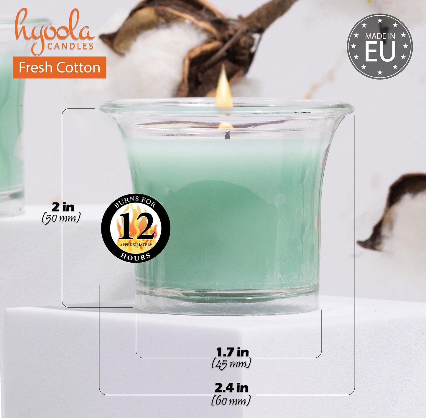 Hyoola Clear Cup Scented Votive Candles - Fresh Cotton - 12 Hour Burn Time - 4 Pack - European Made